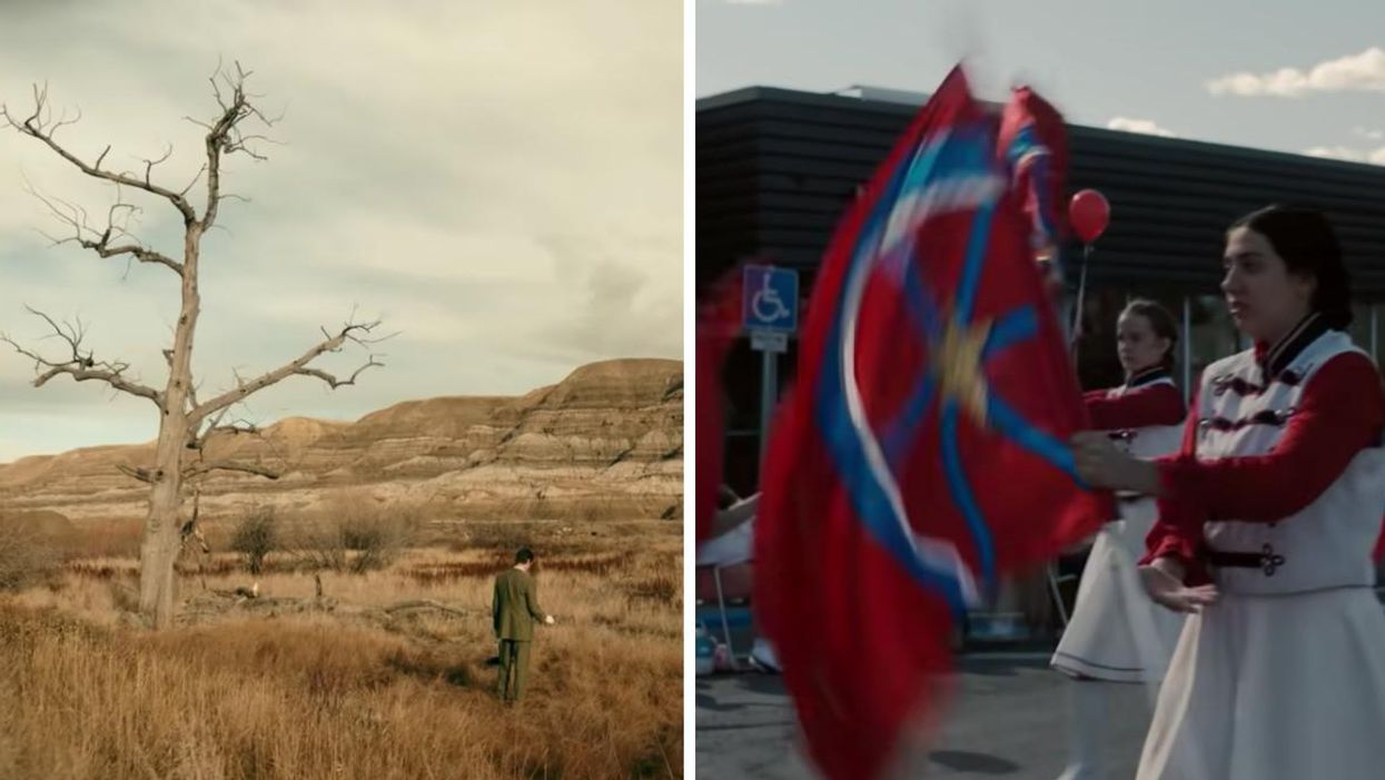 Andrew Garfield in the grasslands of Alberta in an 'Under the Banner of Heaven'. Right: A screenshot of women taking part in a parade during the film.