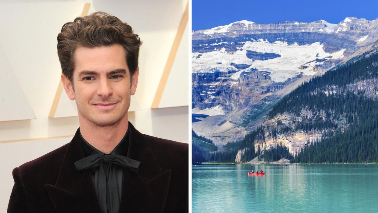 Andrew Garfield. Right: Lake Louise.
