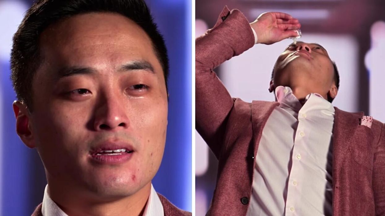 Andrew Liu "crying." Right: Andrew Liu putting eye drops in his eyes.