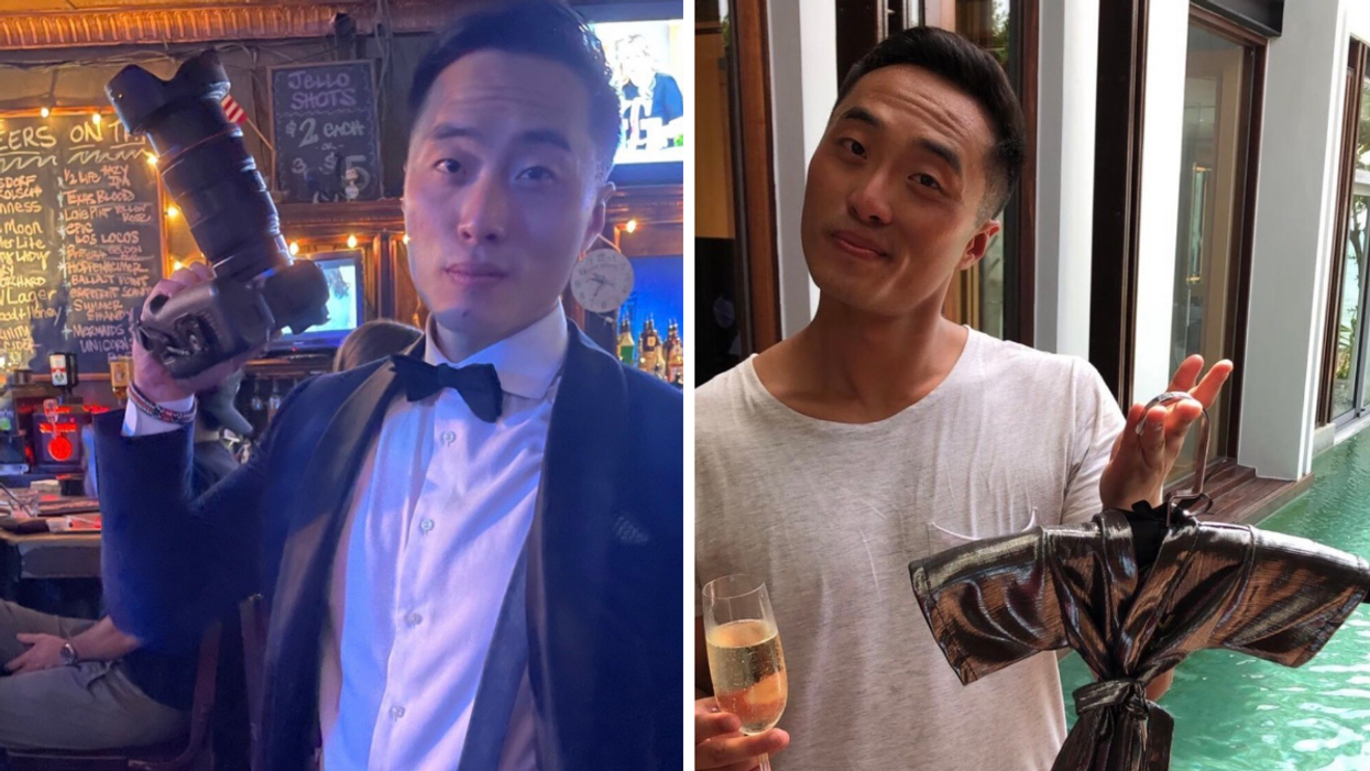 Andrew Liu wearing a suit and holding a camera. Right: Liu in a white shirt holding a glass of champagne and a clothing item.
