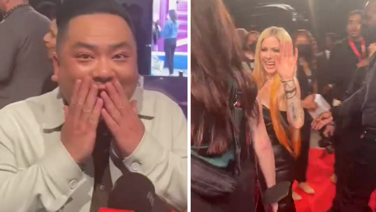 Andrew Phung at the 2022 JUNOS. Right: Avril Lavigne waving on the red carpet.
