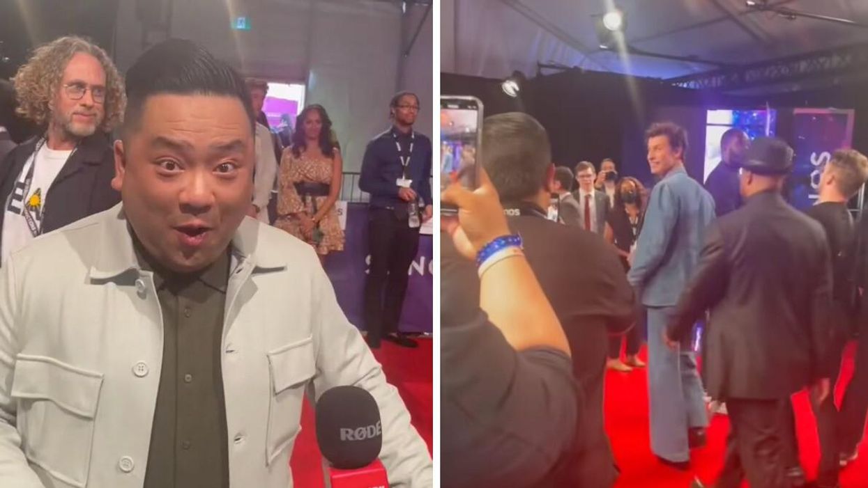 Andrew Phung on the JUNO red carpet. Right: Shawn Mendes walking.