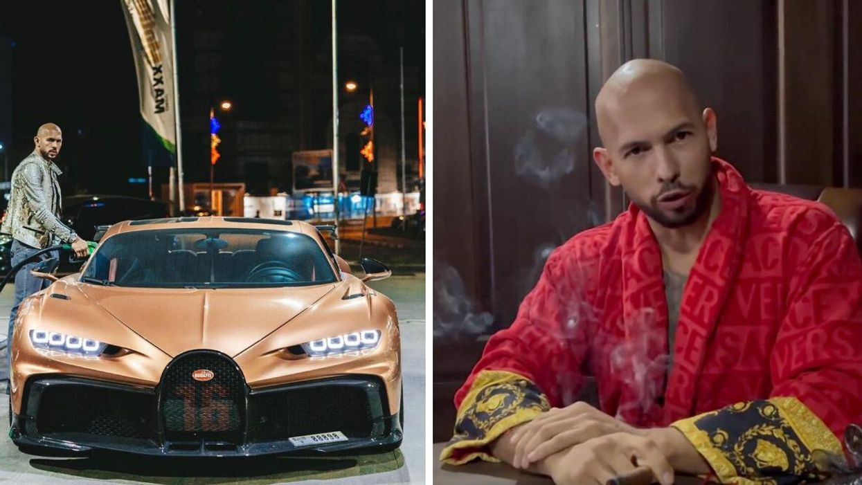 Andrew Tate with one of his cars. Right: Andrew Tate smoking a cigar.