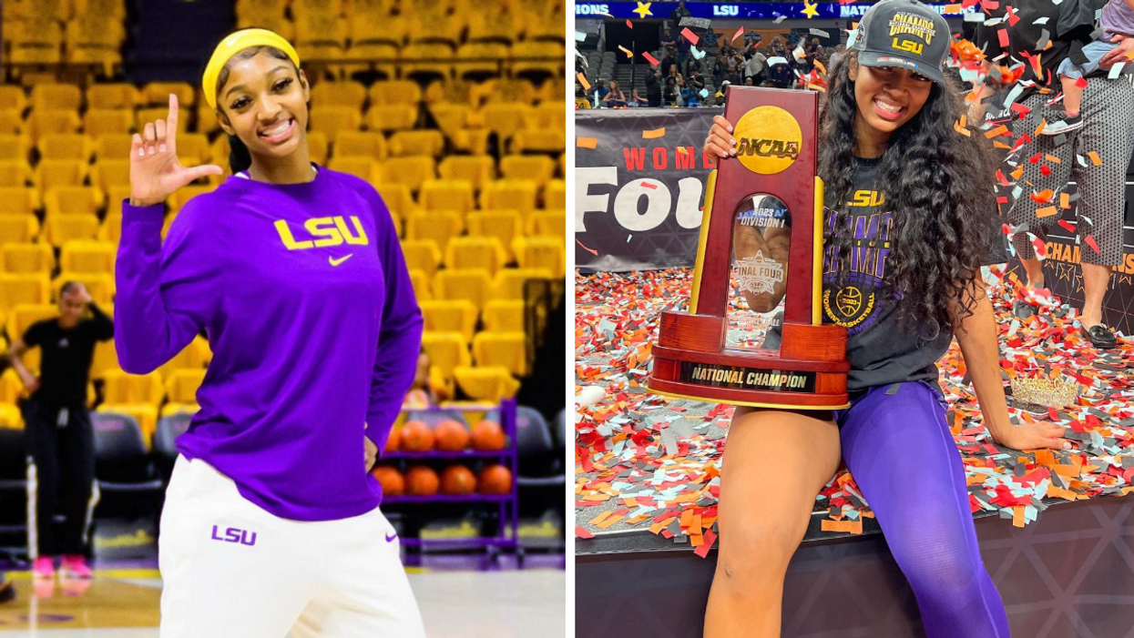 Angel Reese on the LSU basketball court. Right: Angel Reese holding the NCAA National Champion trophy.