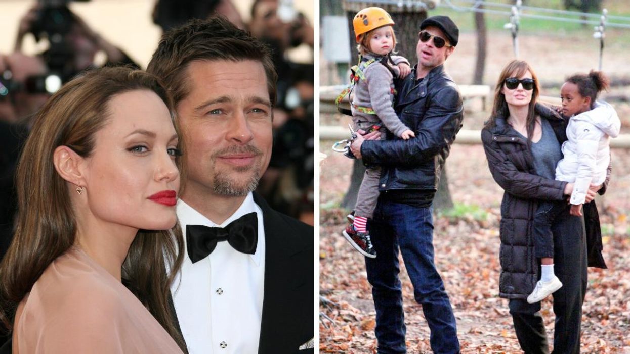 Angelina Jolie and Brad Pitt. Right: Angelina Jolie and Brad Pitt with two of their children.