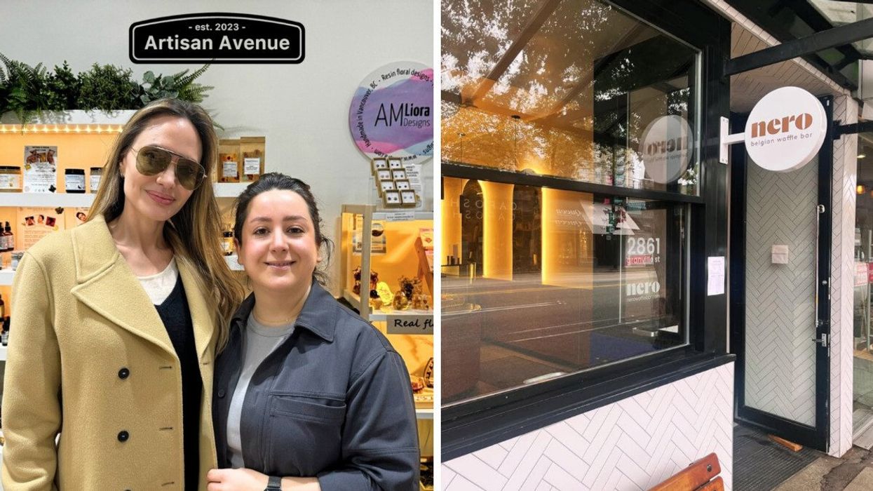 Angelina Jolie posing with a store owner. Right: A store.