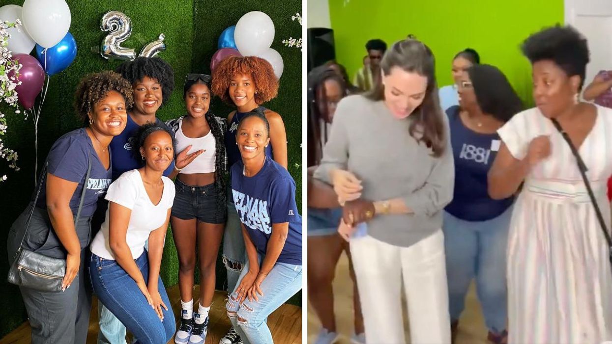 Angelina Jolie's daughter Zahara with her Spelman sisters. Right: Angelina Jolie dancing at the LA alumni reunion.