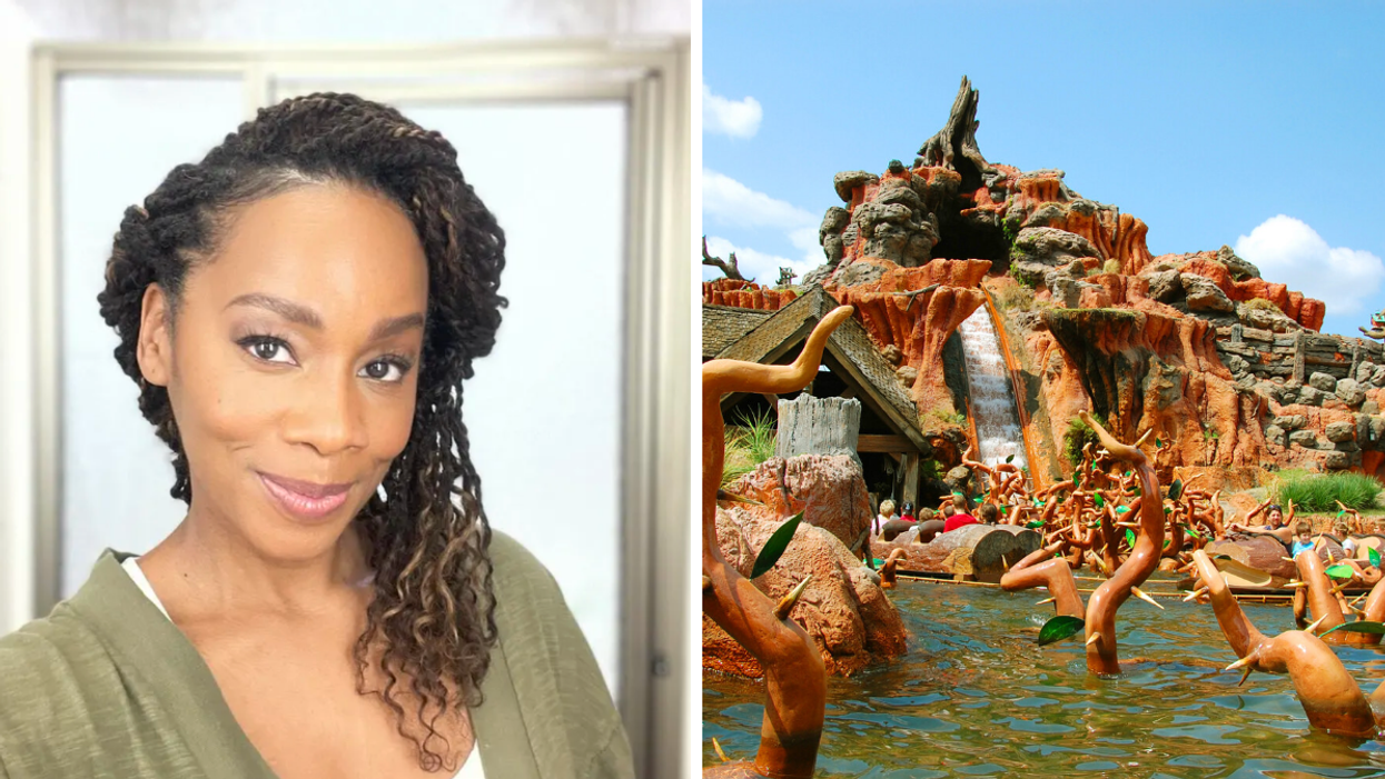 Anika Noni Rose in her movie set trailer. Right: A landscape of Splash Mountain.