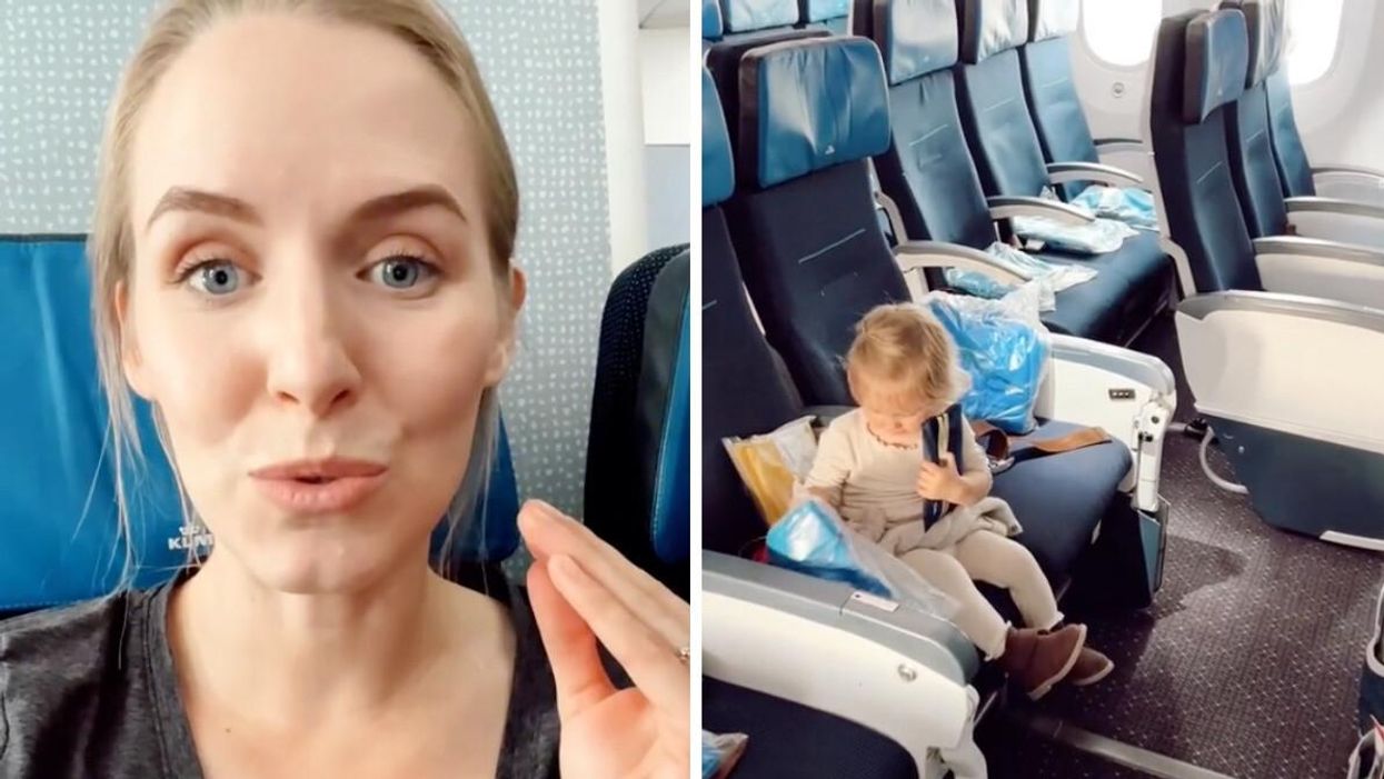 Anna Cook in her TikTok video. Right: Anna's child sitting in an airplane.
