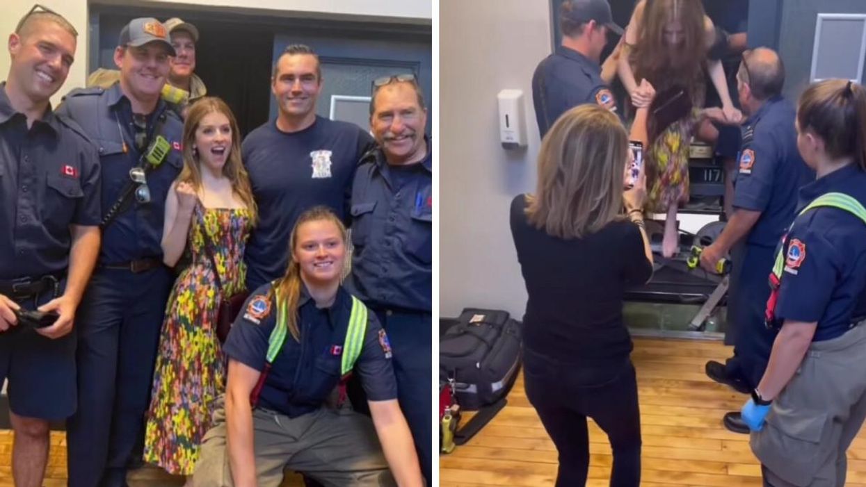 Anna Kendrick and members of Toronto Fire. Right: Anna exiting the elevator.