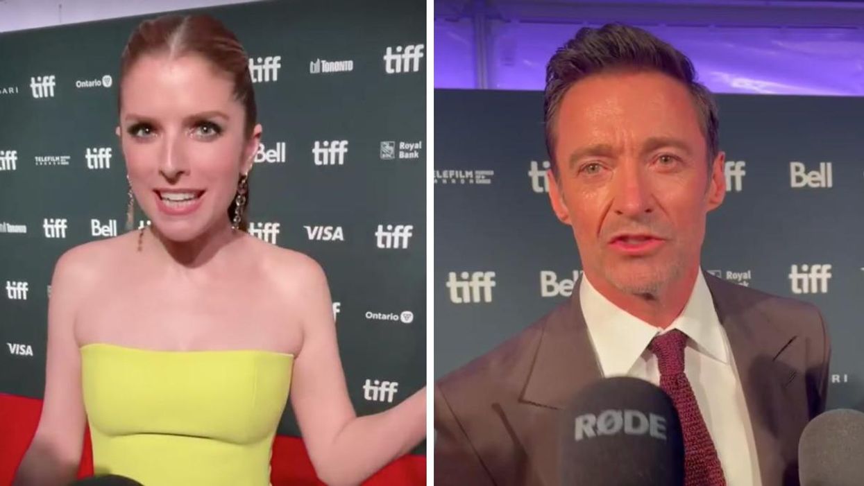 Anna Kendrick at TIFF. Right: Hugh Jackman on the red carpet.