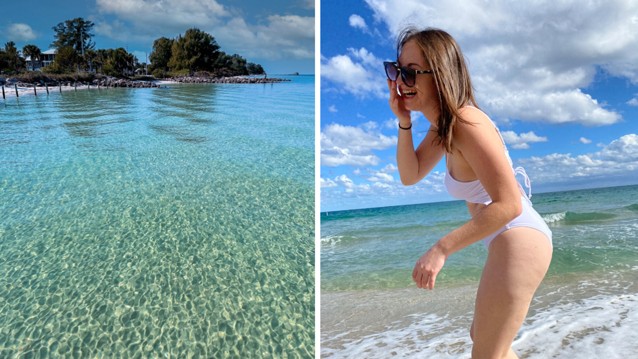 Anna Maria Island's turquoise waters with a beach in the background. Right: A woman in a white bathing suit laughing on the beach.