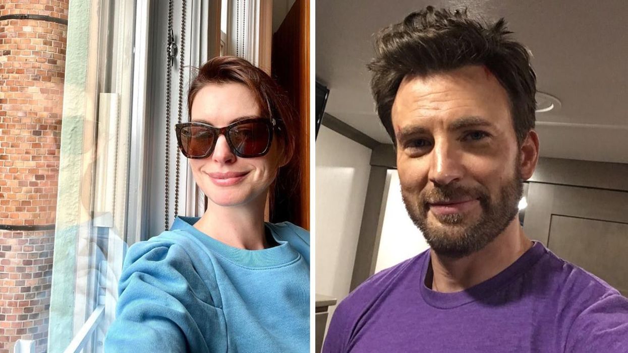 Anne Hathaway taking a selfie. Right: Chris Evans taking a selfie.