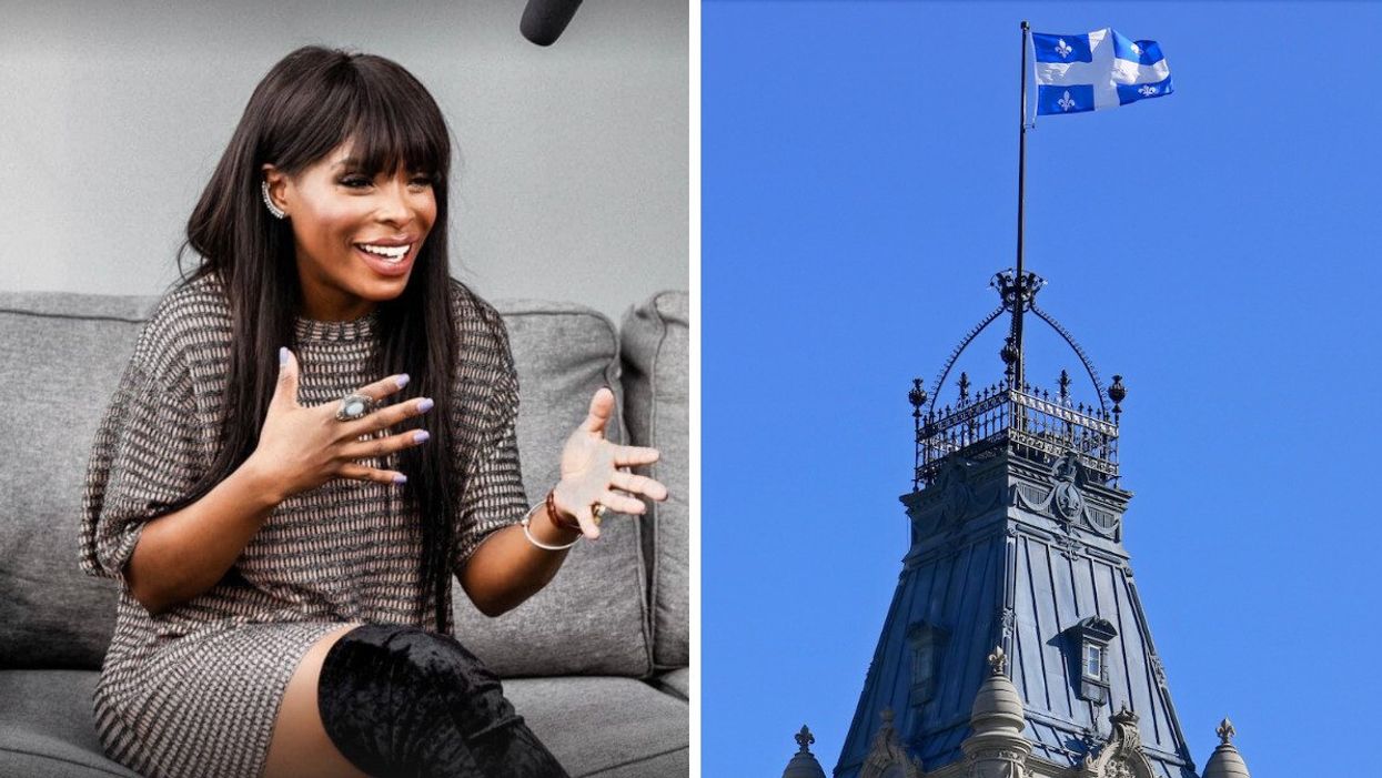 Anne-Lovely Étienne en train de parler. Droite : Le drapeau du Québec qui flotte au-dessus de l'Assemblée nationale.