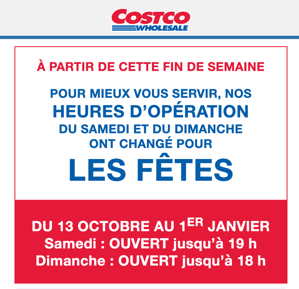 Annonce du Costco Canada consernant les heures d'ouverture.