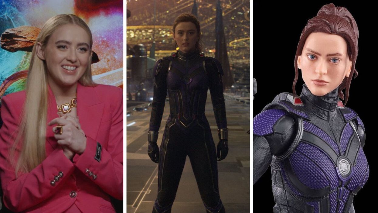 Ant-Man And The Wasp: Quantumania star Kathryn Newton. Middle: Kathryn Newton as Cassie Lang. Right: A Cassie Lang action figure.