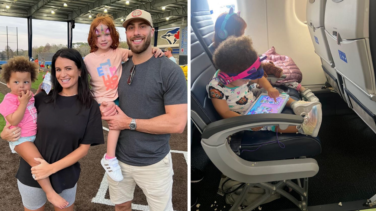 Anthony Bass with his wife and two children. Right: Two children on a plane with popcorn on the floor.