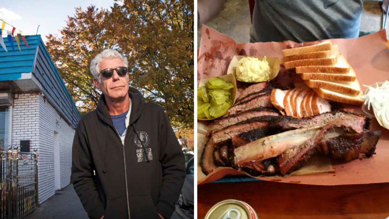 Anthony Bourdain in a black jacket. Right: A plate of food from Franklin Barbecue in Austin, TX.