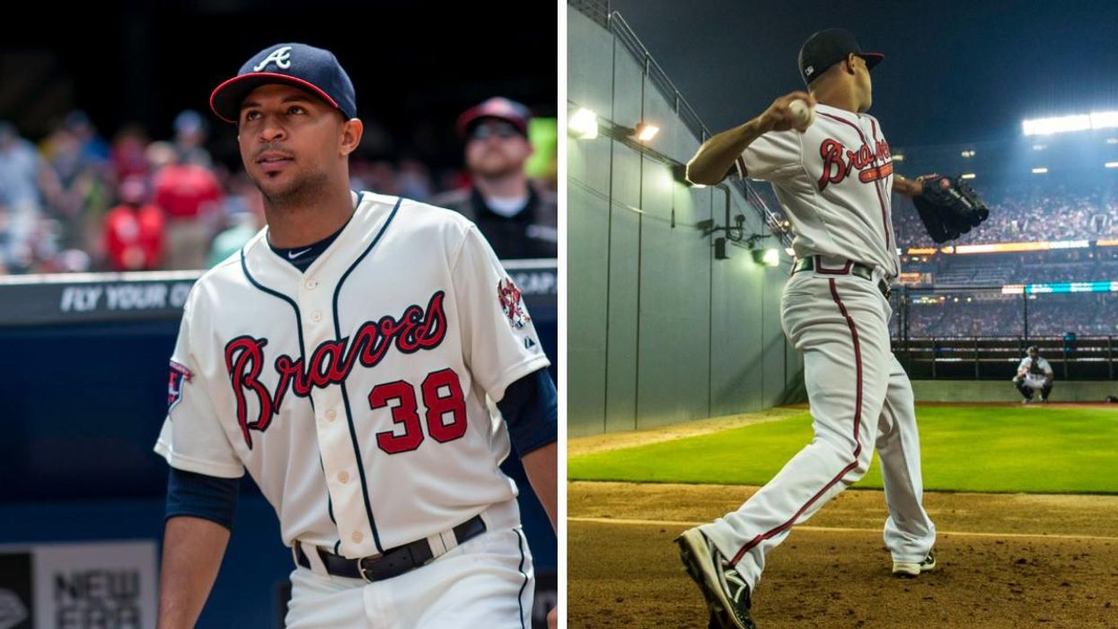 Anthony Varvaro in his Braves uniform. Right: Anthony Varvaro throwing a baseball.