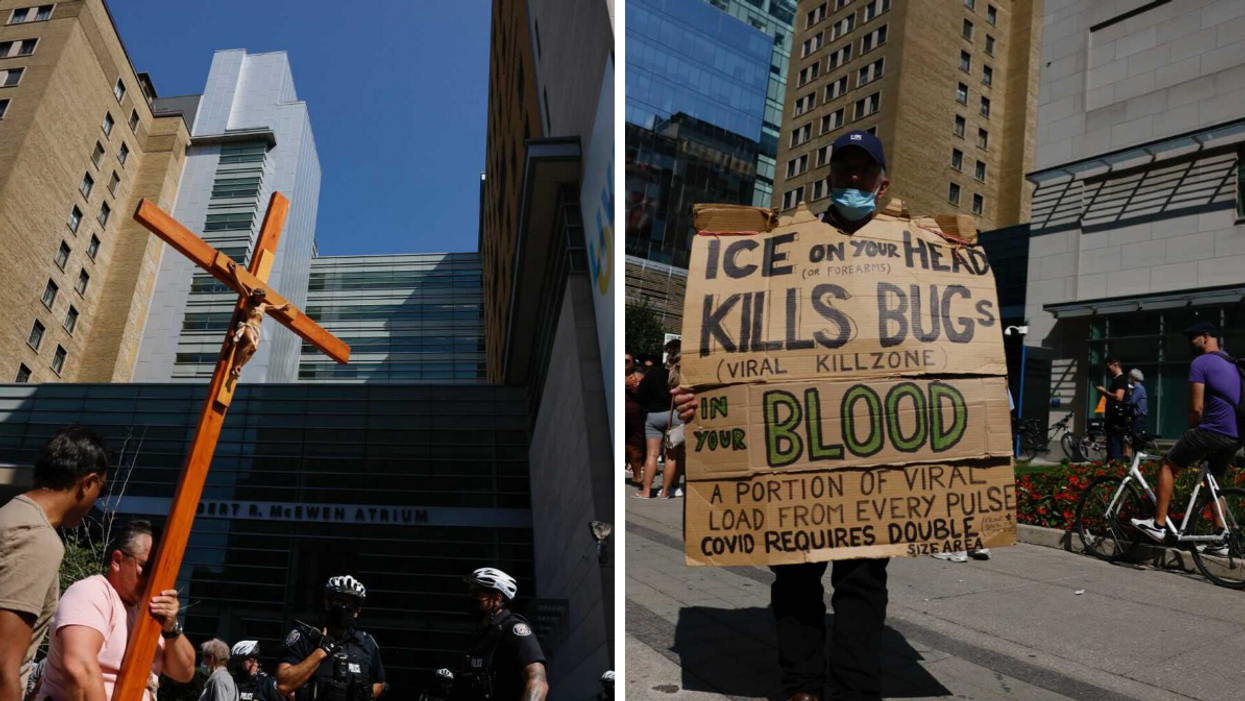 Anti-Vaccine Protestors Swarmed Toronto General Hospital & Someone Carried A Giant Crucifix (PHOTOS)
