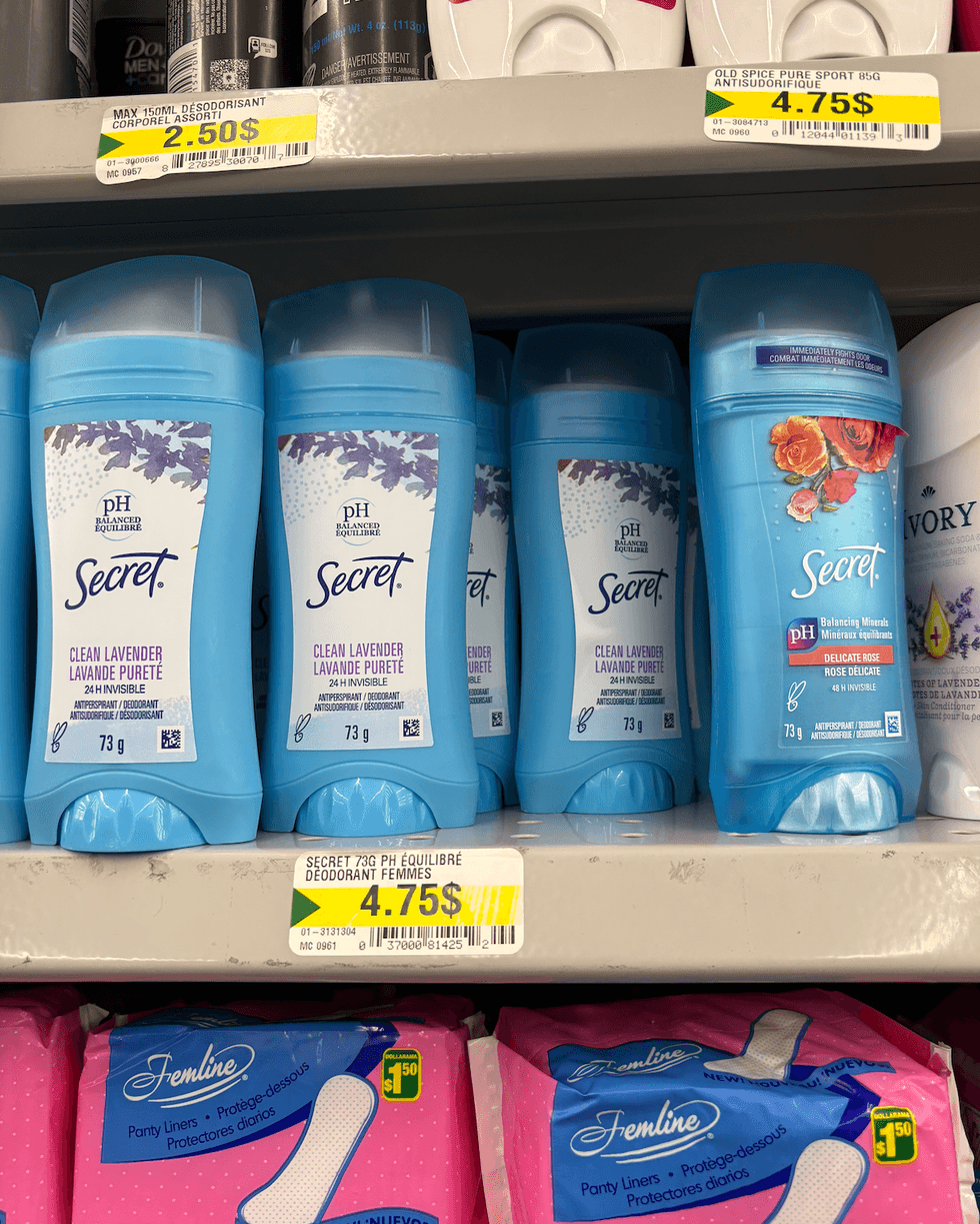 Antisudorifiques Secret sur les tablettes du Dollarama.
