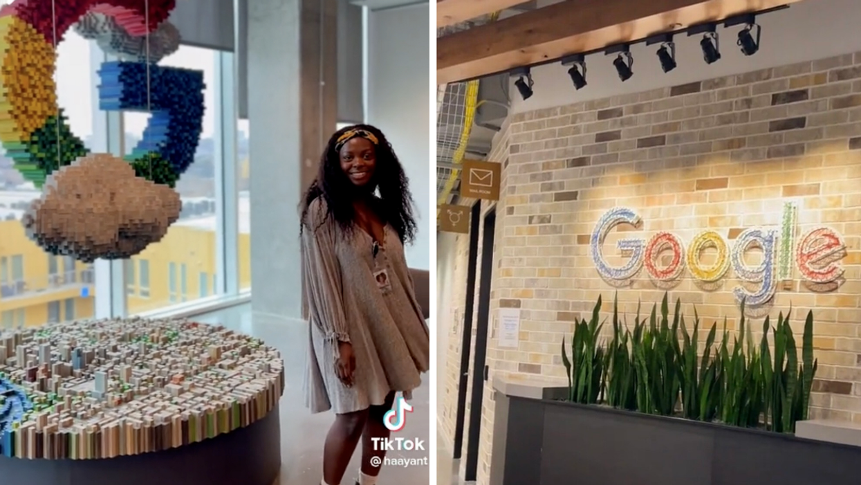 Antoinette Hayford at the Google Austin office. Right: A Google sign in the Austin office shown in one of Hayford's TikToks.