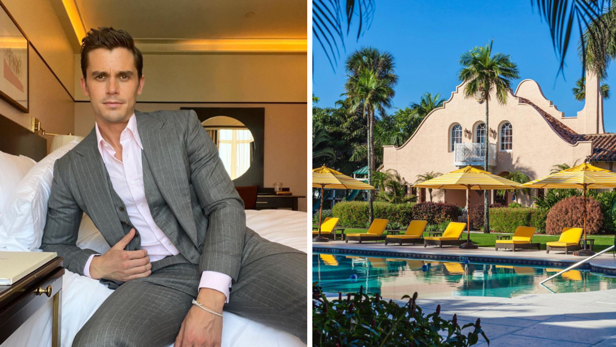 Antoni Porowski in a suit. Right: Mar-A-Lago in West Palm Beach, FL.