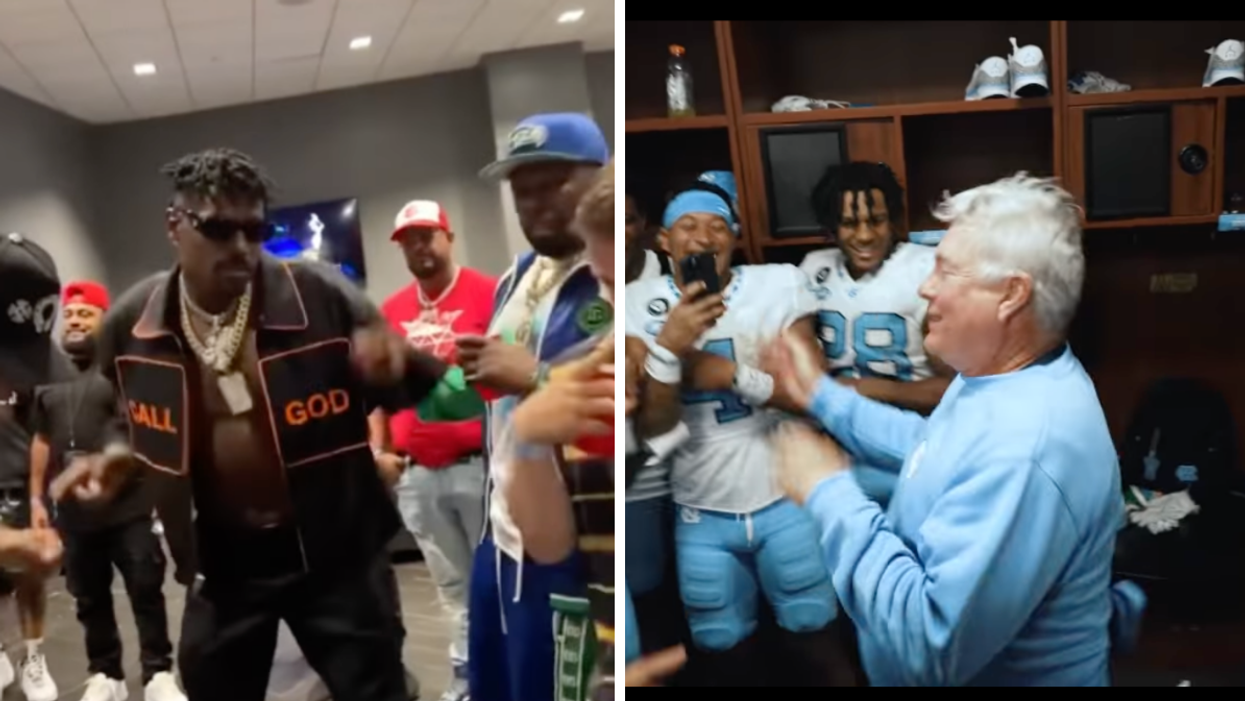 Antonio Brown, 50 Cent and the cast of 'Power'. Right: The UNC football players and coach.