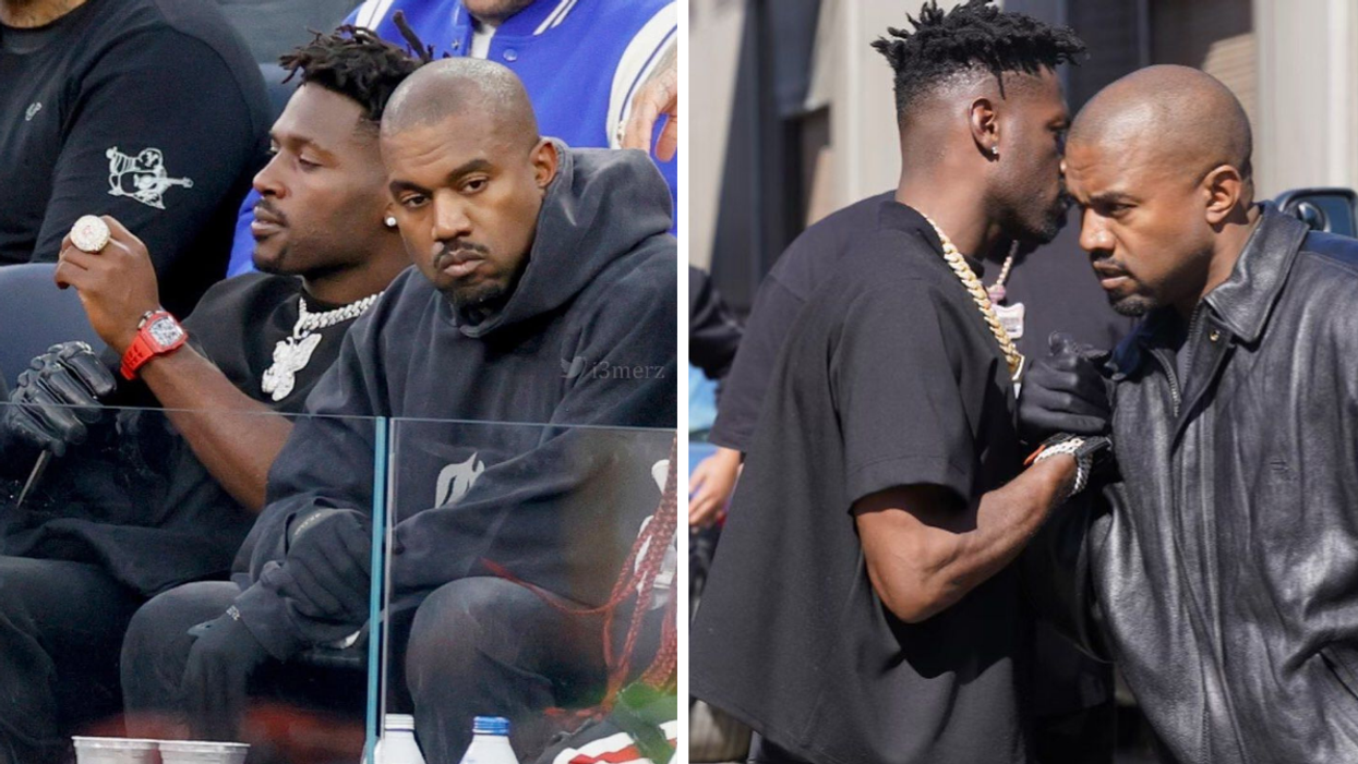 Antonio Brown and Kanye West at a game. Right: Antonio Brown and Kanye West shaking hands.