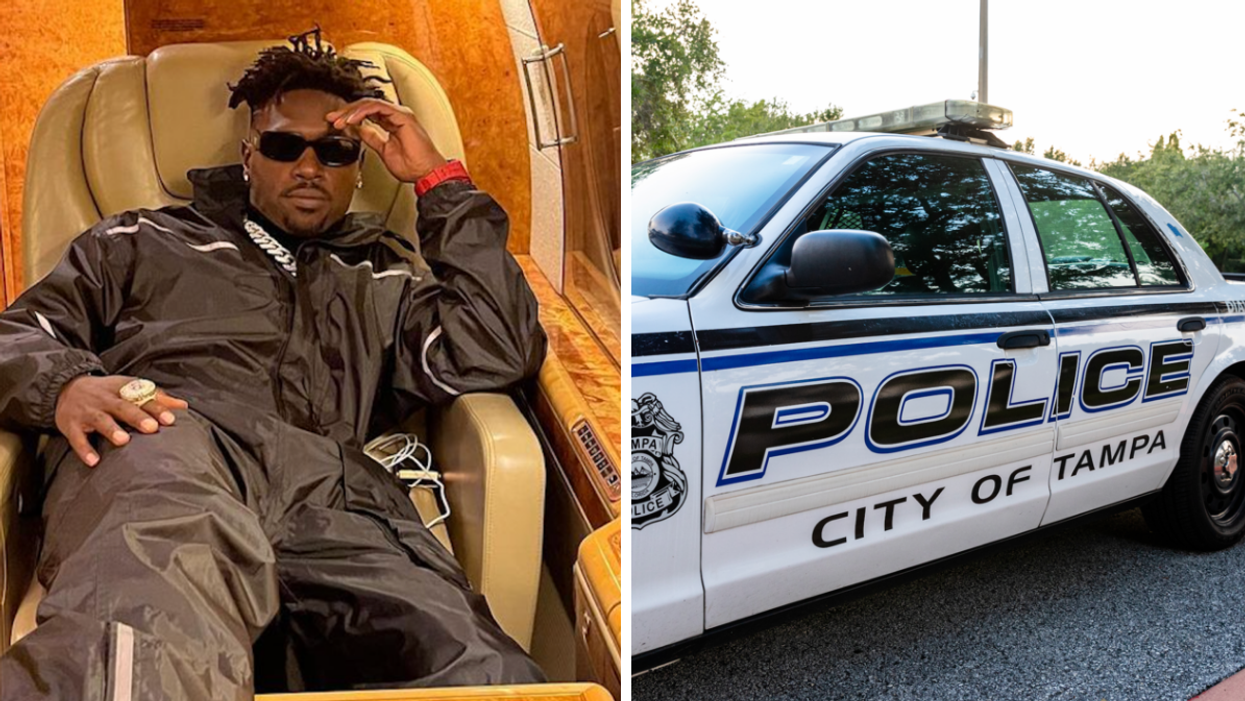 Antonio Brown in a private jet. Right: City of Tampa police car.