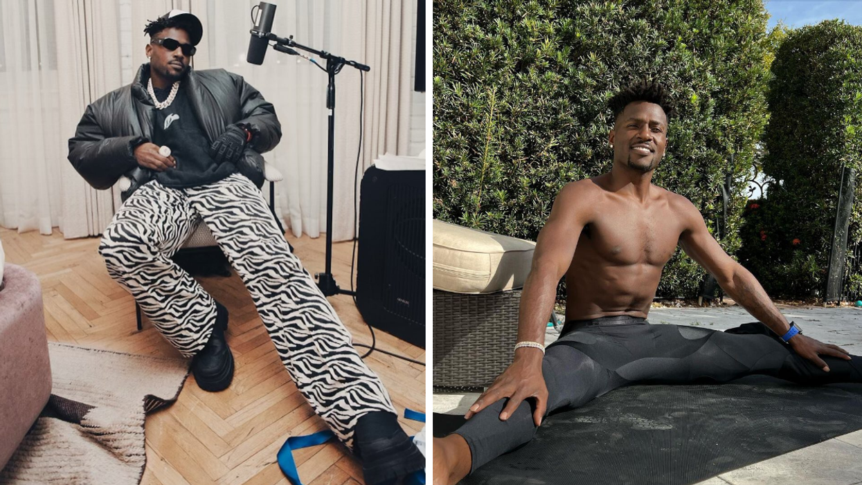 Antonio Brown in the studio. Right: Antonio Brown on a yoga mat.