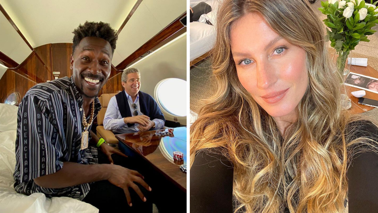 Antonio Brown on a private plane. Right: Gisele Bündchen in a long-sleeved shirt.