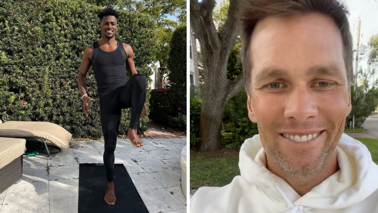 Antonio Brown on a yoga mat. Right: Tom Brady smiling in a screenshot taken from a video on Instagram.