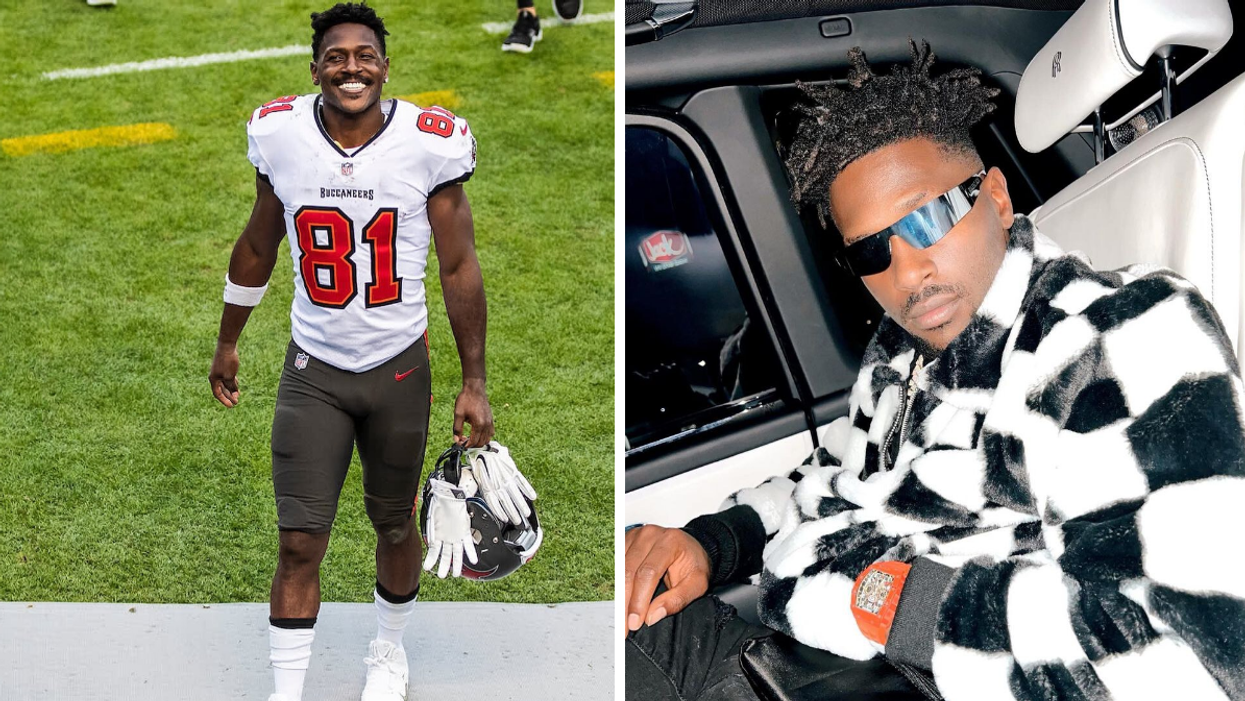 Antonio Brown on the field playing with Tampa . Right: Antonio Brown in a car.