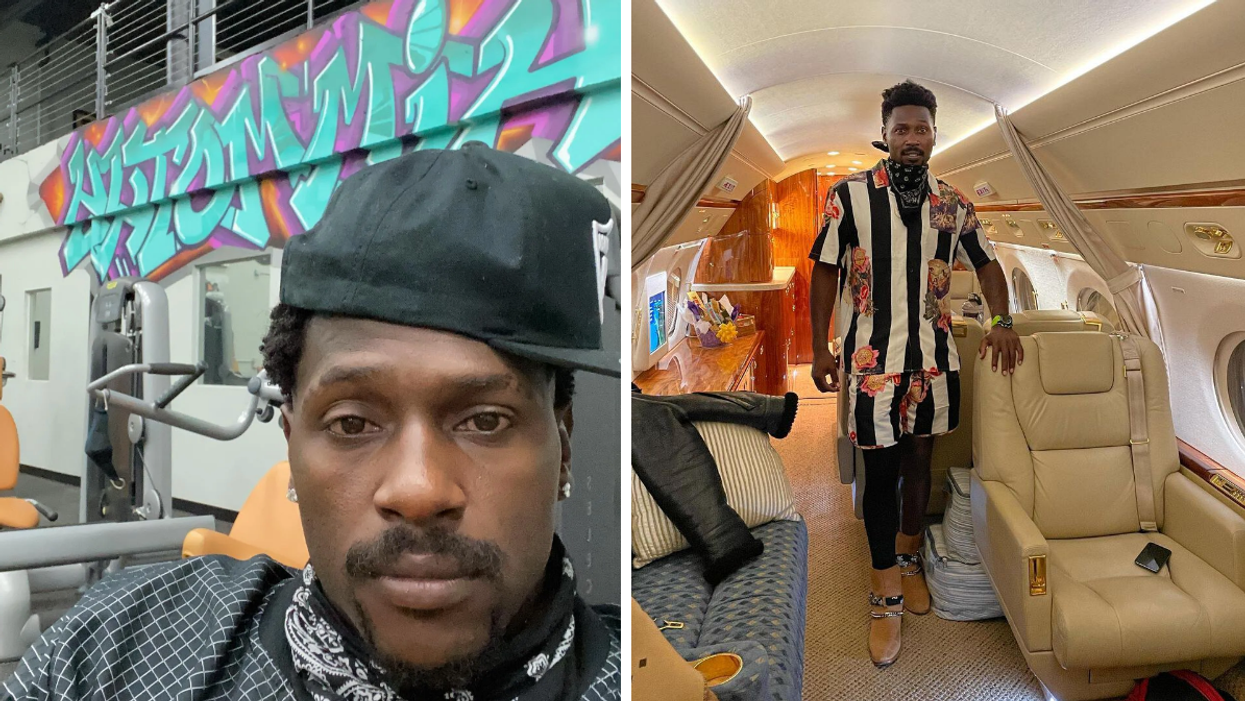 Antonio Brown with a hat on in a gym. Right: Antonio Brown on a private plane.