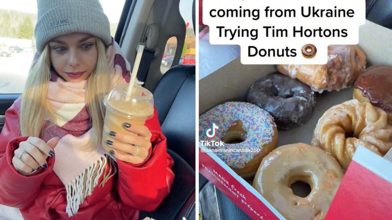 Anzhelika trying Tim Hortons. 