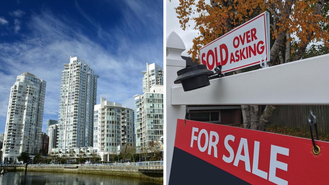 Apartment buildings in Downtown Vancouver. Right: A 'house for sale' sigh marked 'sold over asking.'