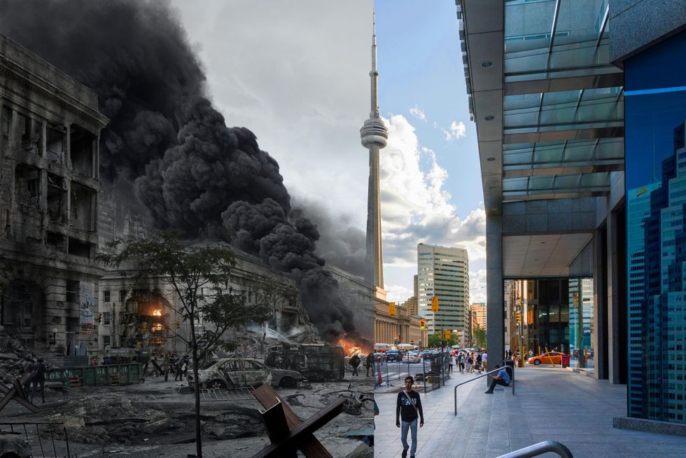 Aper\u00e7u de la ville de Toronto si elle \u00e9tait bombard\u00e9e.