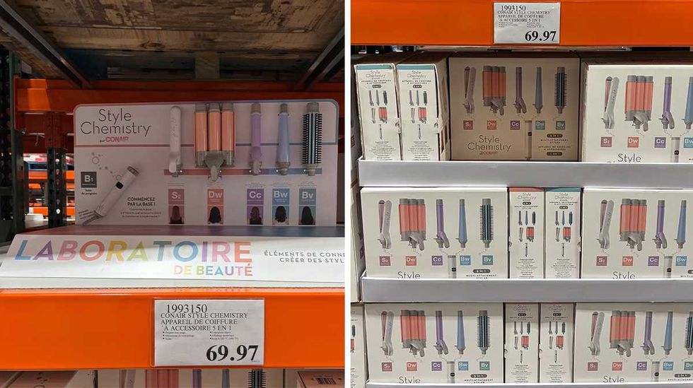 Appareil de coiffure \u00e0 accessoires 5 en 1 Conair en vente chez Costco. Droite : Bo\u00eetes d'appareils de coiffure \u00e0 accessoires 5 en 1 Conair chez Costco.