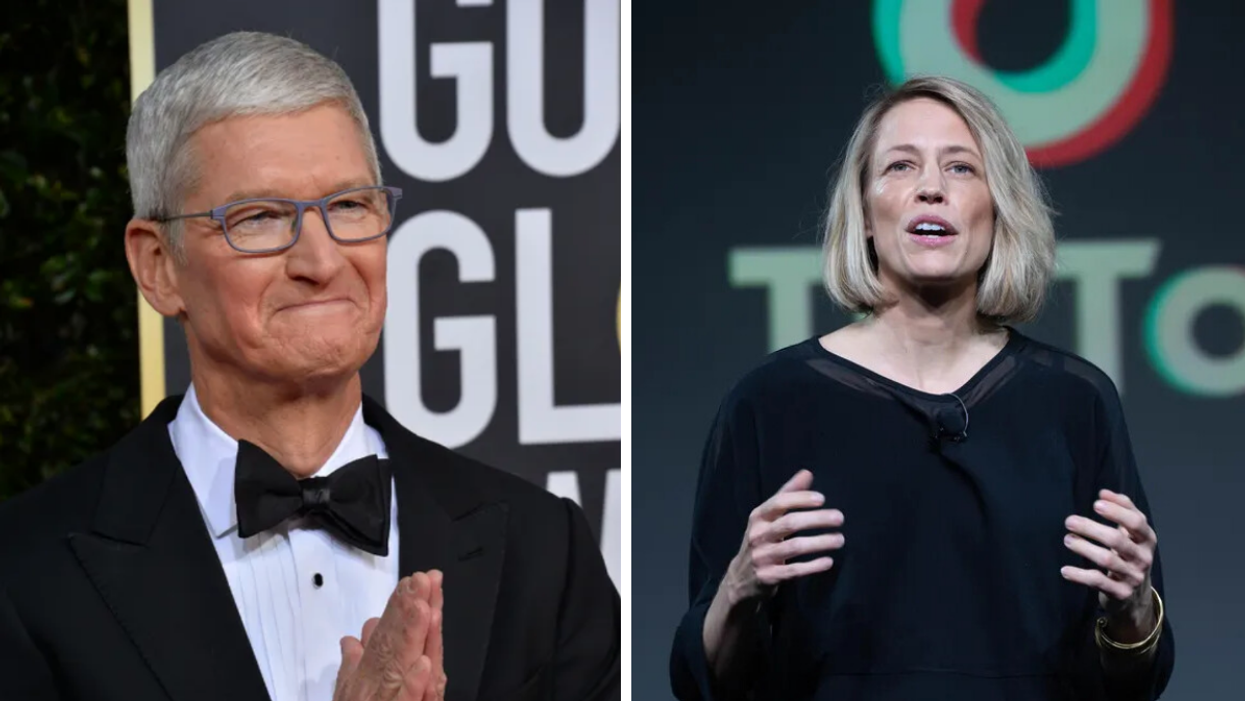 Apple CEO Tim Cook. Right: V Pappas, COO of TikTok.