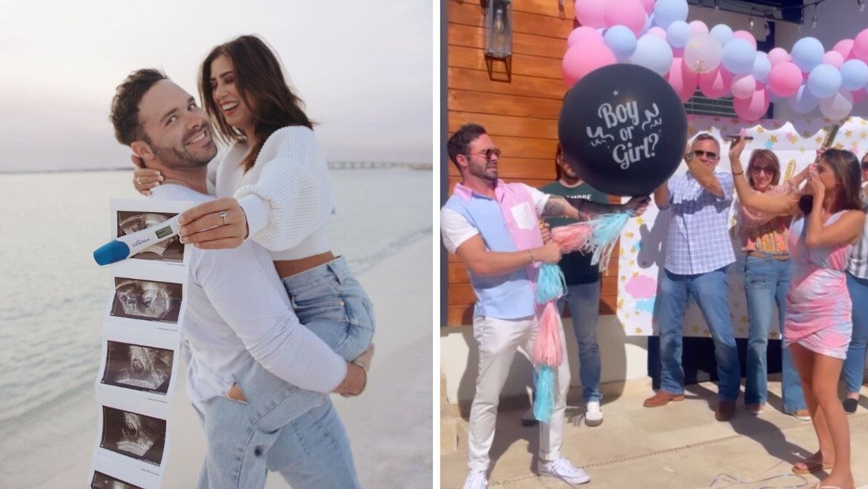April Marie Melohn and her partner Cody Cooper. Right: April Marie Melohn and Cody Cooper at their gender reveal party.