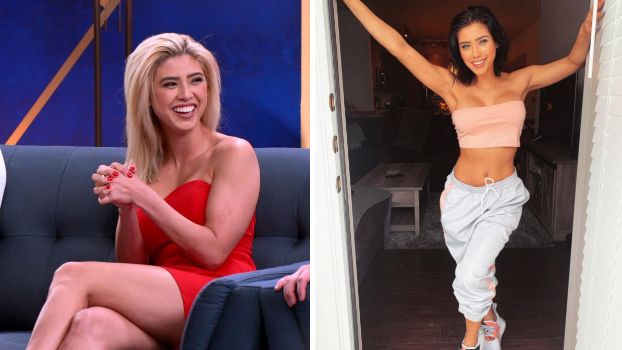 April Marie Melohn at "The Ultimatum" reunion. Right: April Marie Melohn at home in a crop top and sweatpants.