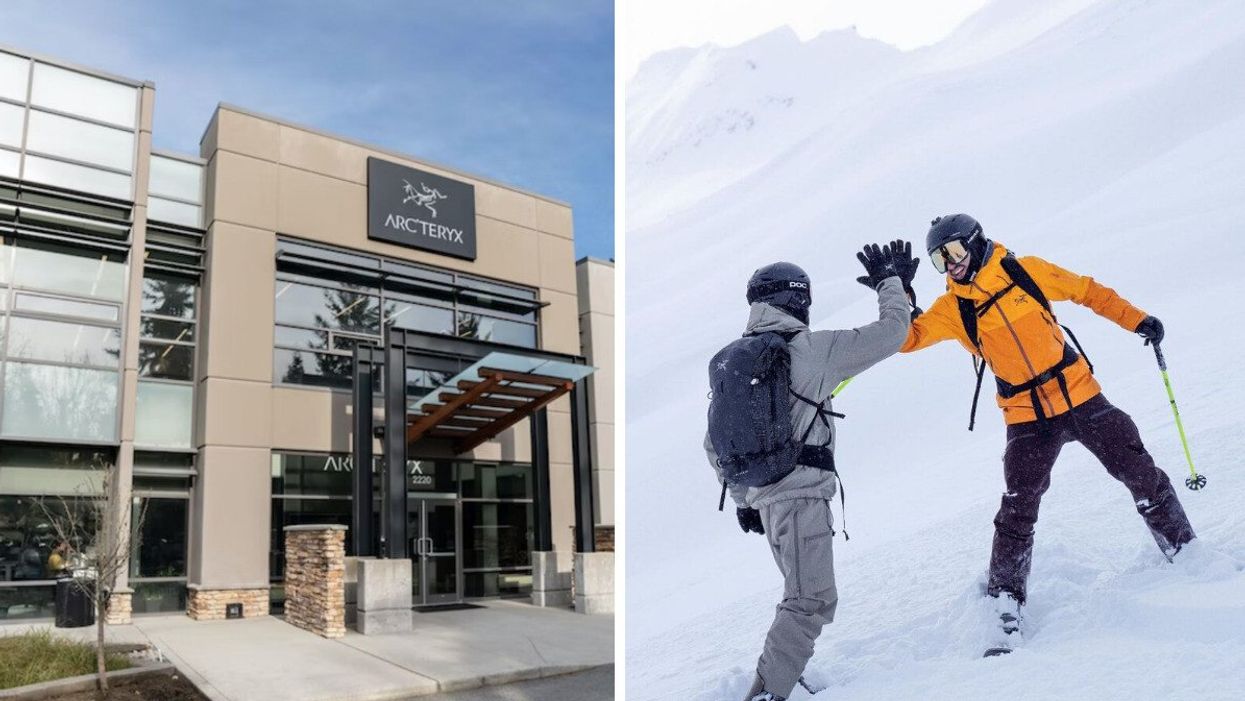 Arc'teryx head office in North Vancouver. Right: two people in Arc'teryx ski gear.