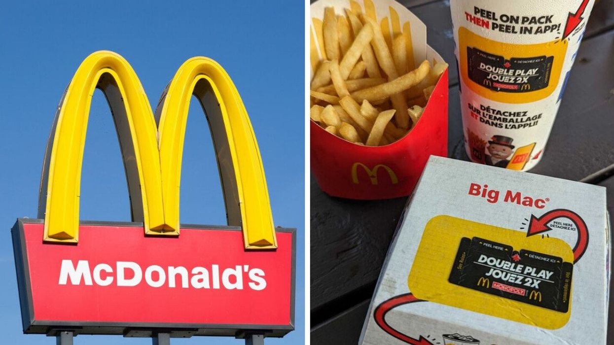 Arche du McDonald's. Droite : Trio McDonald's avec des vignettes Monopoly d'Ici.