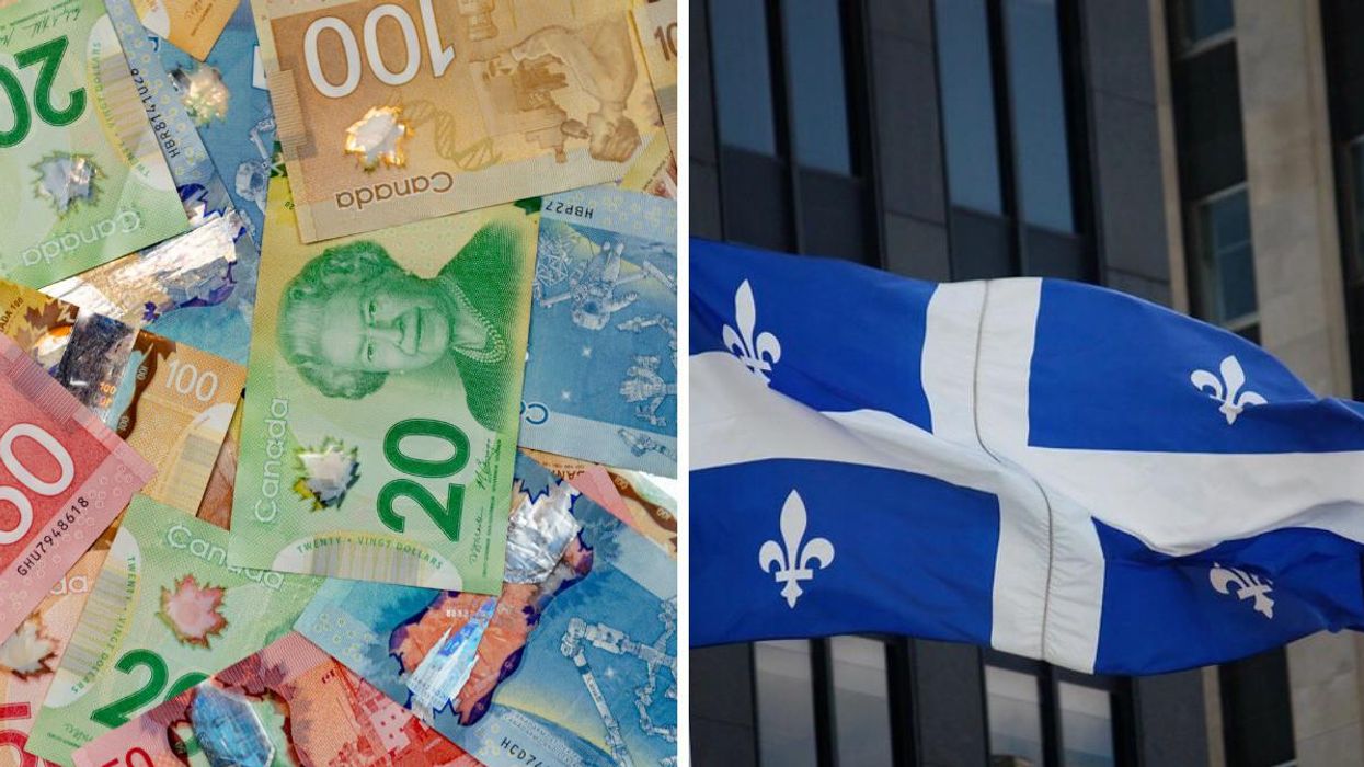 Argent canadien. Droite : Drapeau du Québec.