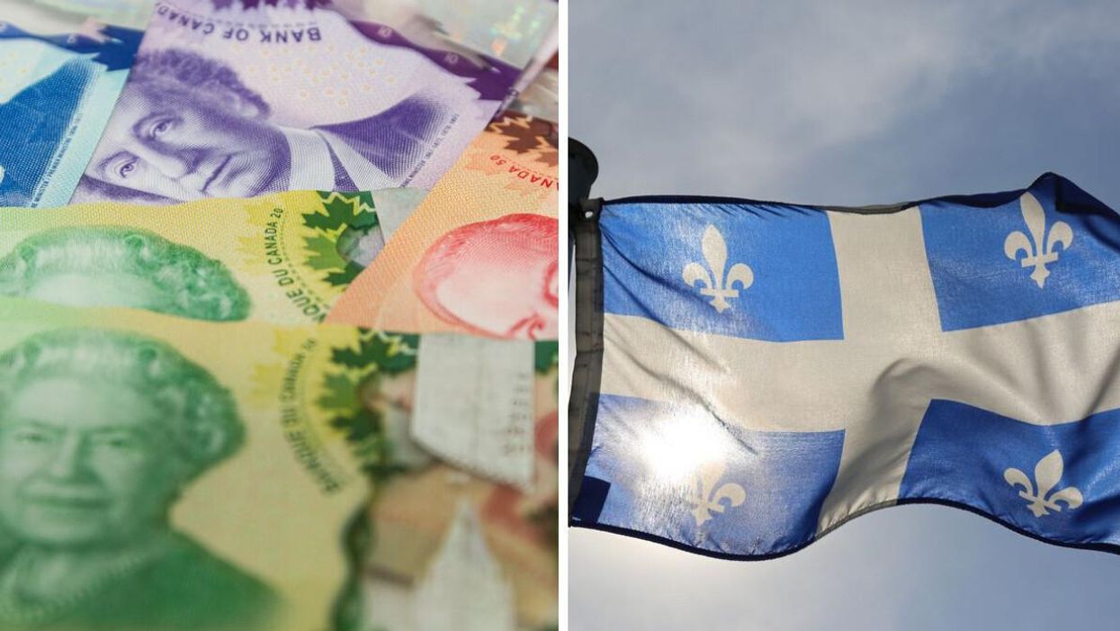 Argent canadien. Droite : Drapeau du Québec.