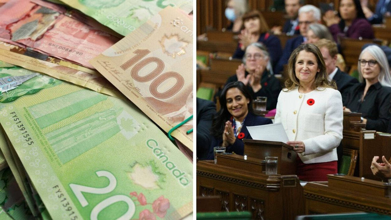 Argent canadien. Droite : Ministre Chrystia Freeland.