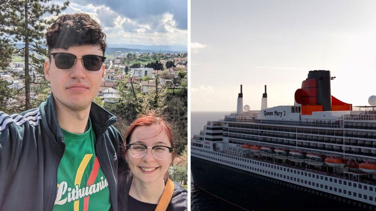 Arian Lazic and Martyna Cwiek. Right: The Queen Mary 2 ship.