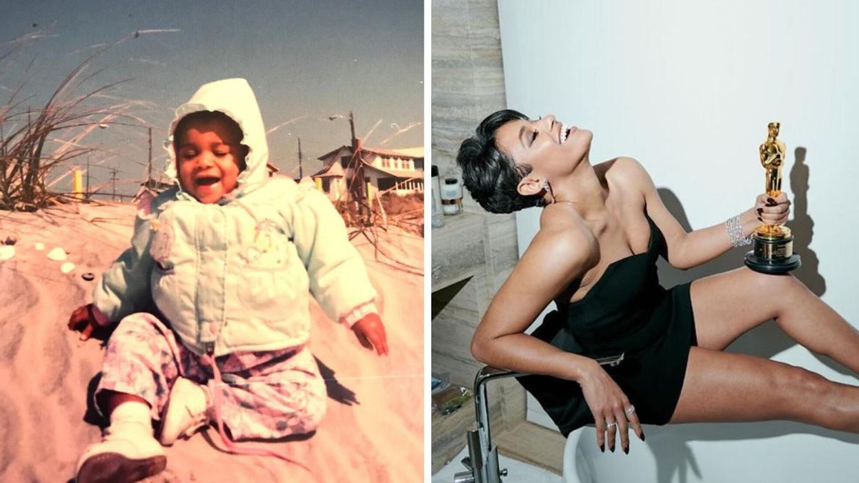 Ariana DeBose as a baby. Right: Ariana DeBose poses to celebrate her Academy Award.
