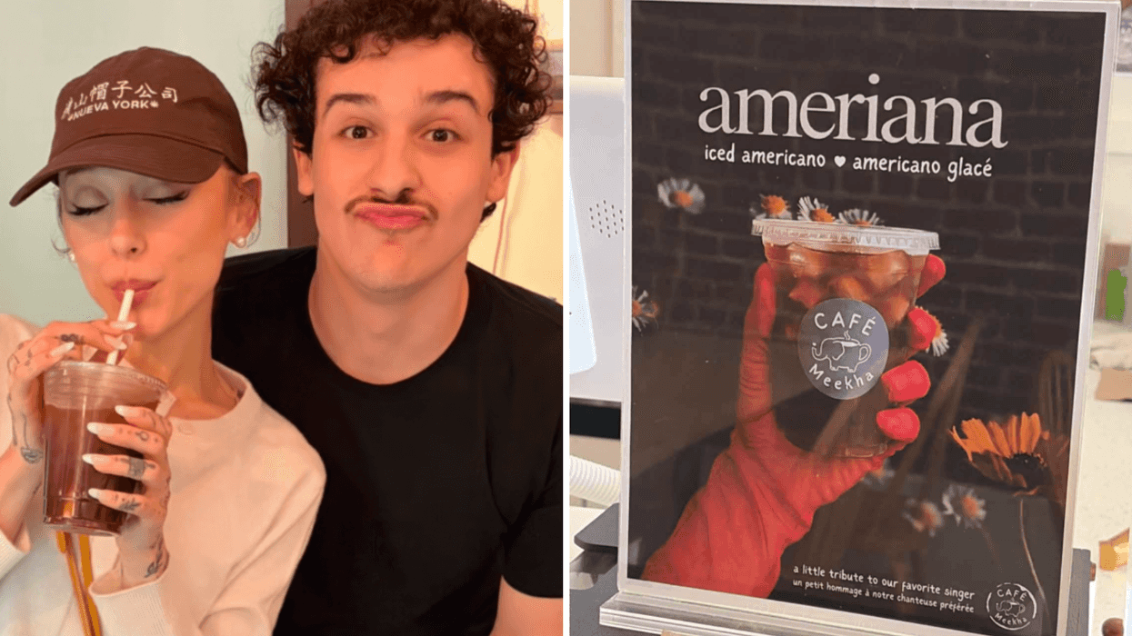 Ariana Grande et Enzo Gandin au Café Meekha. Droite : La boisson Ameriana au Café Meekha.